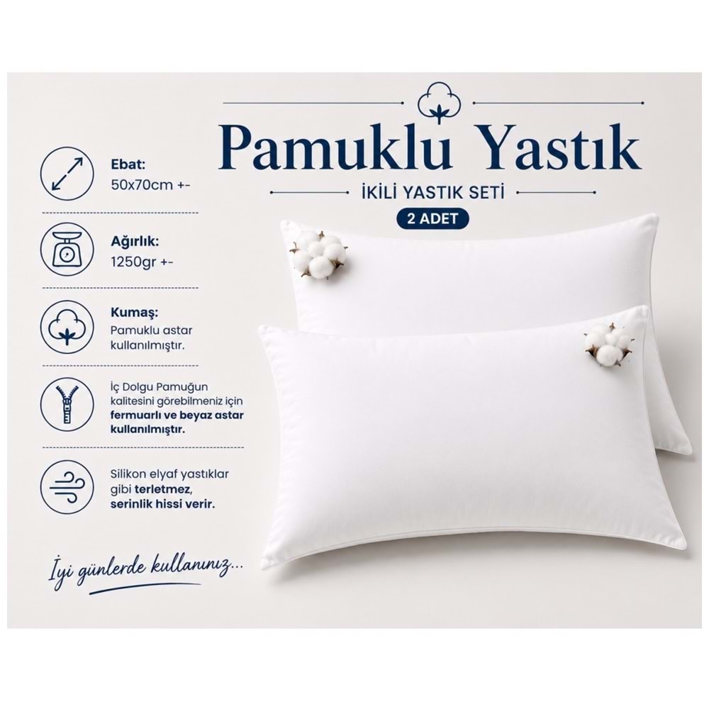 2li Pamuklu Yastık İç Dolgu 1250gr Pamuk Dolgulu (50x70)