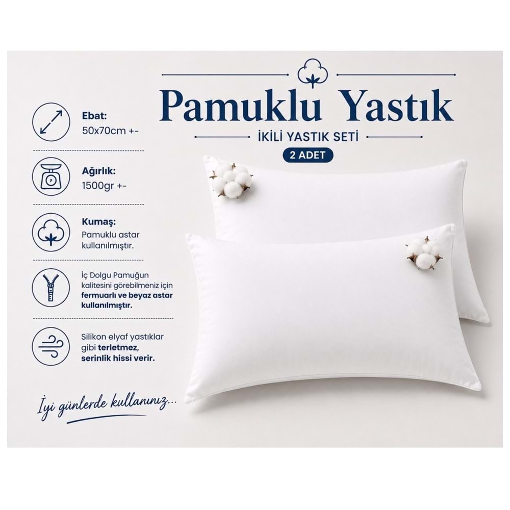 2li Pamuklu Yastık İç Dolgu 1500gr Pamuk Dolgulu (50x70)