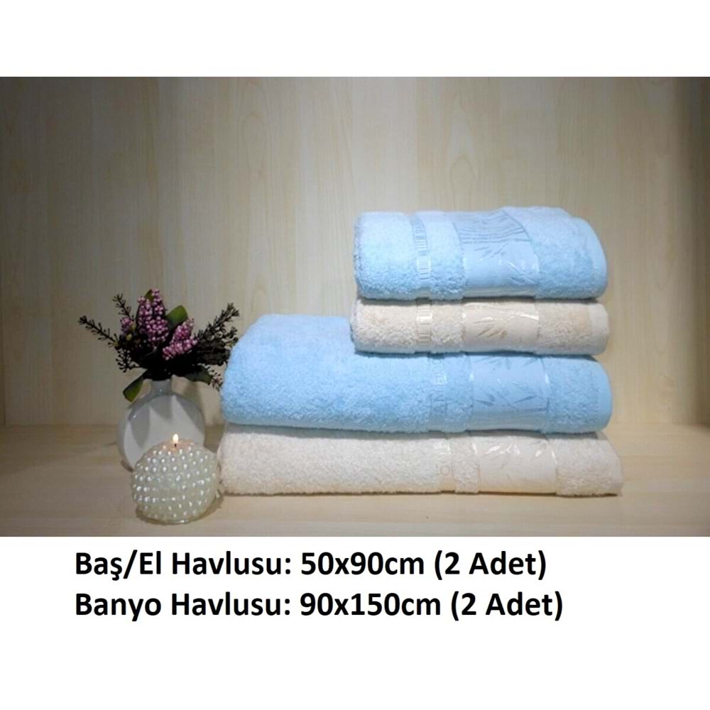 Polo Life 4 Parça Bamboo Hamam Seti (Büyük Boy), Banyo Havlu Takımı-Krem Turkuaz