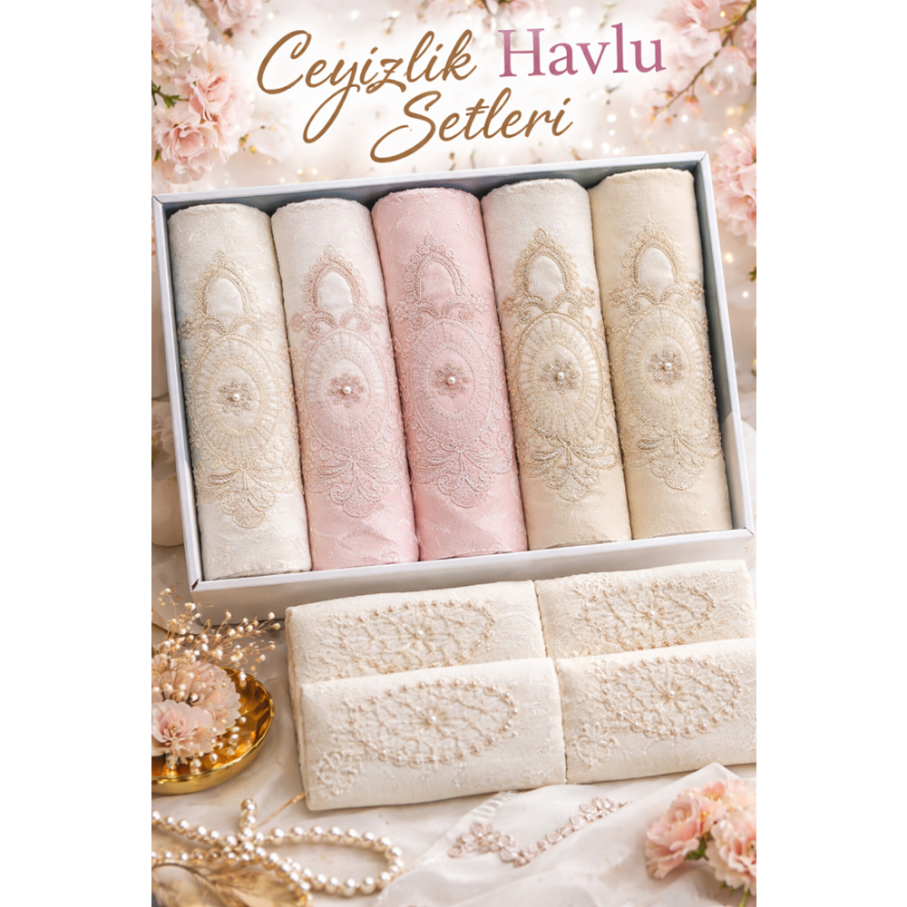 Polo Life Kutulu Nakışlı Kadife Pamuk 6lı Havlu Seti-v1 Krem Pudra Cappucino