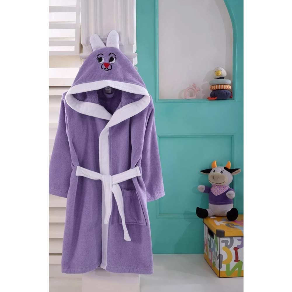 KIDS & BEYBİ çocuk pamuk kapşonlu bornozu 6-7 yaş lila