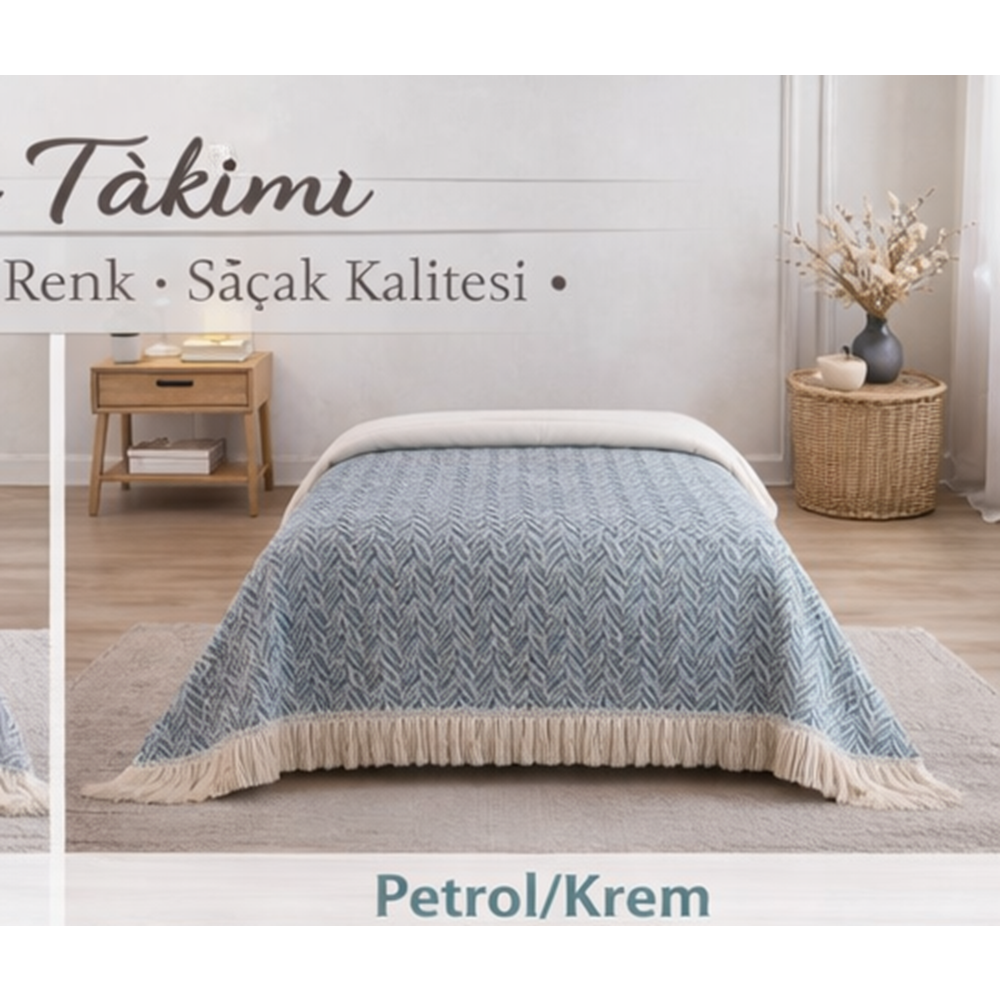 Amazon Ev Naturel Çift Kişilik Pike Takımı-Petrol Krem MT203