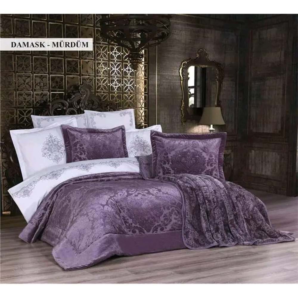 Ecosse 10 Parça Çeyiz Seti (Battaniye+Nevresim Takımı+Yatak Örtüsü)-Damask Mürdüm