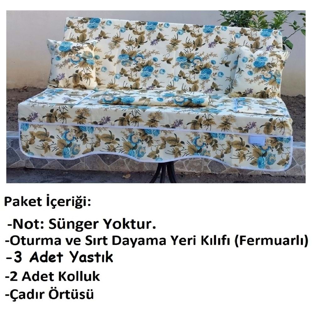 Süngersiz 3 Kişilik Salıncak Minder Seti (Pamuklu Kumaş)-İngiliz Gülü Mavi
