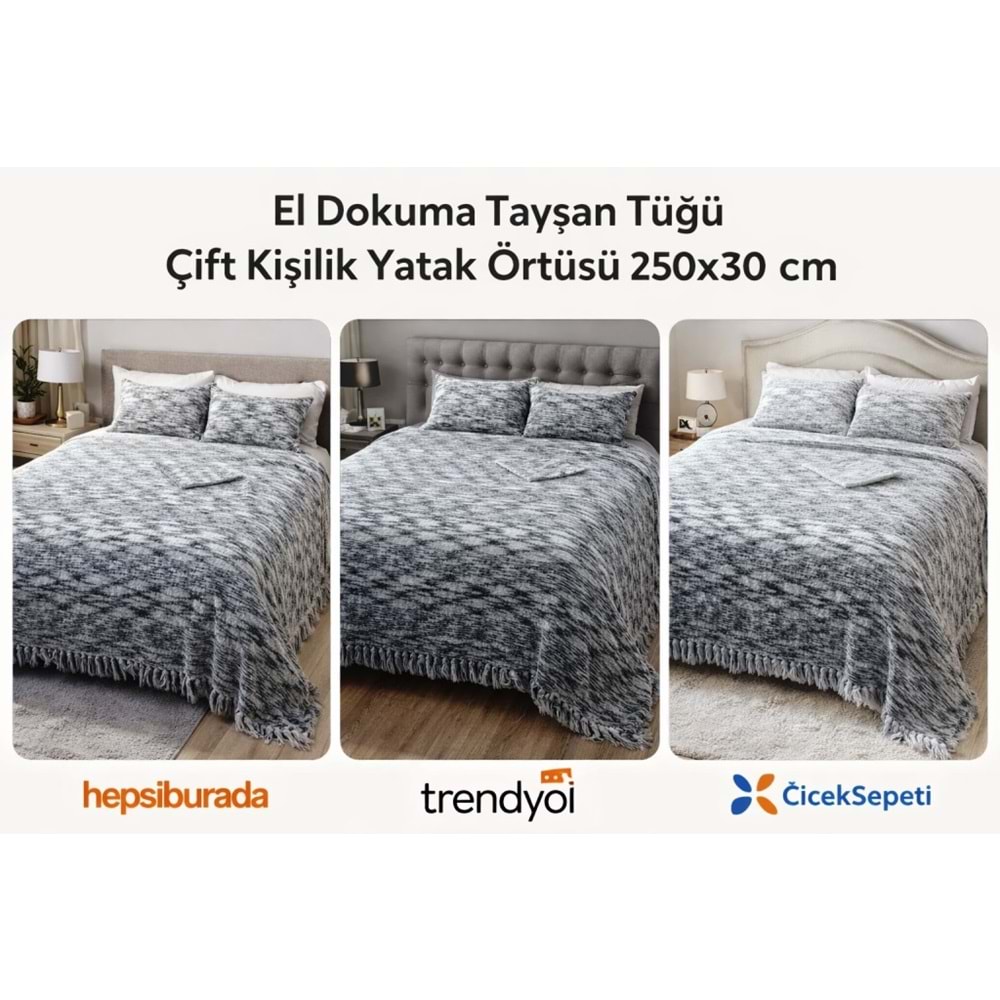 Tavşan Tüyü Peluş El Dokuma Yumuşak Dokulu Çift Kişilik Yatak Örtüsü (280x260)-Siyah Beyaz