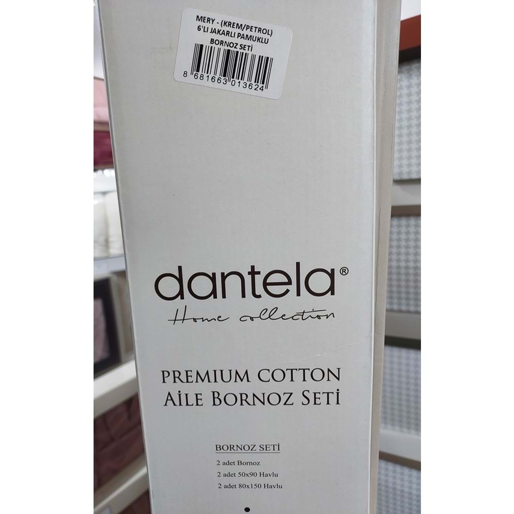 Dantela Premium Jakarlı Mery 6 Parça Pamuk Aile Bornoz Seti-Krem Petrol