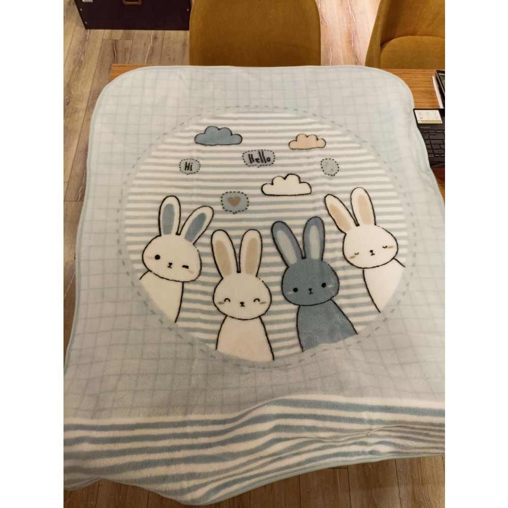 Özdilek Desenli Hello Rabbıt Bebek Battaniyesi (100x120)-Mavi