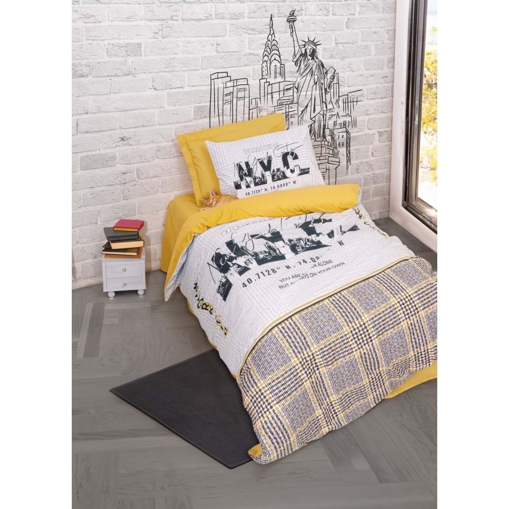 Cotton Box Genç Odası Ranforce lastikli Çarşaflı Tek Kişilik Nevresim Takımı Worldwıde Hardal