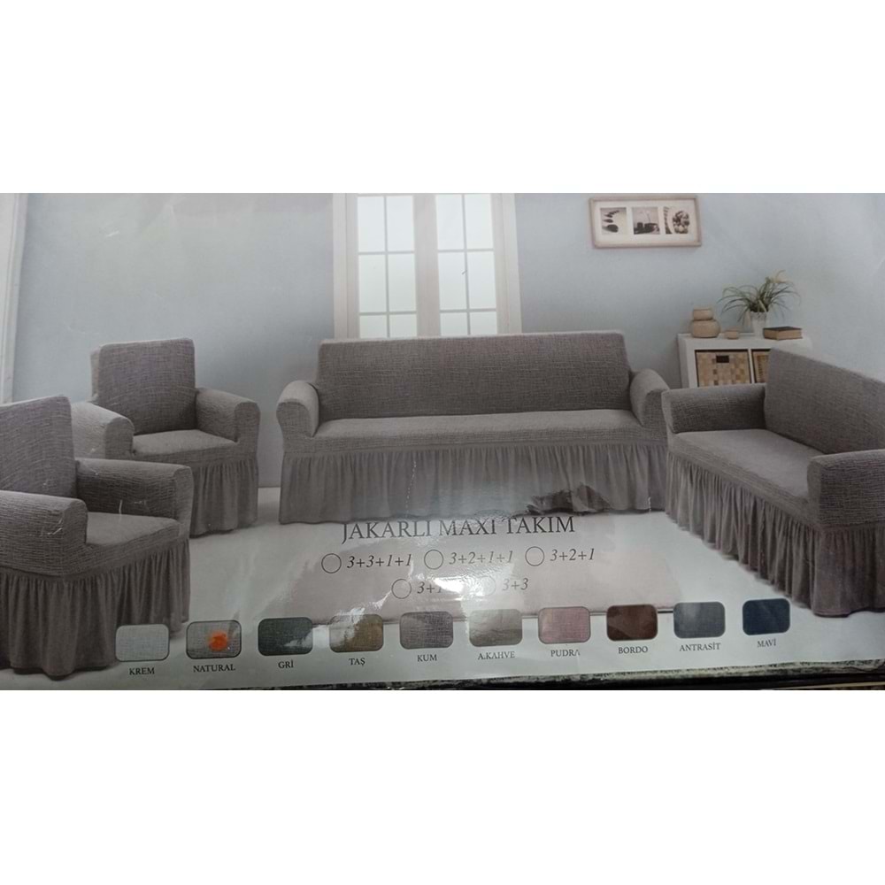 Arlisa jakarlı Kare Cizgili Etekli Maksi Koltuk Örtüsü 3+3+1+1 Taş