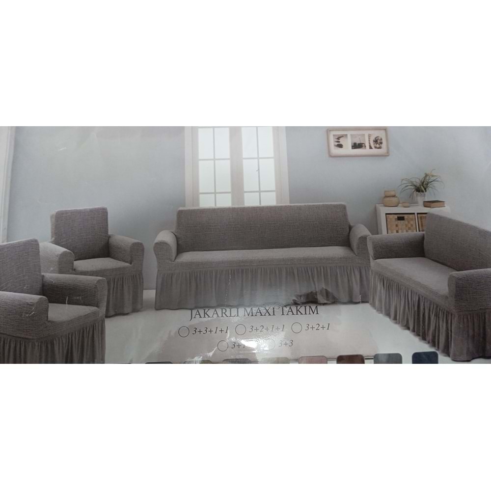 Arlisa jakarlı Kare Cizgili Etekli Maksi Koltuk Örtüsü 3+3+1+1 Naturel