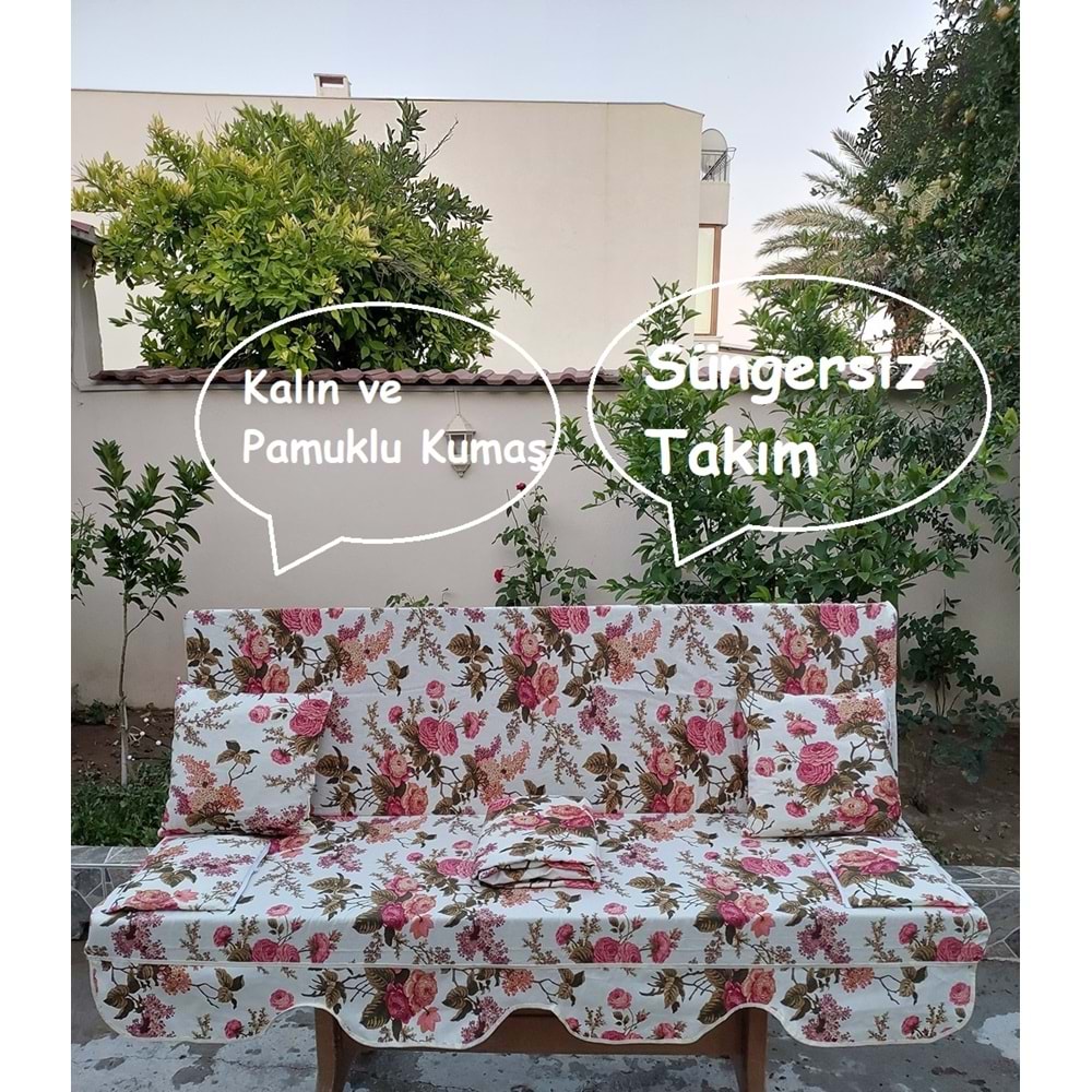 Süngersiz 3 Kişilik Salıncak Minder Seti (Kalın Pamuklu Kumaş)-İngiliz Gülü Pembe