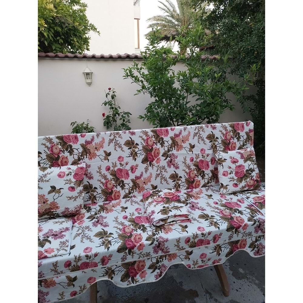 Süngersiz 3 Kişilik Salıncak Minder Seti (Kalın Pamuklu Kumaş)-İngiliz Gülü Pembe