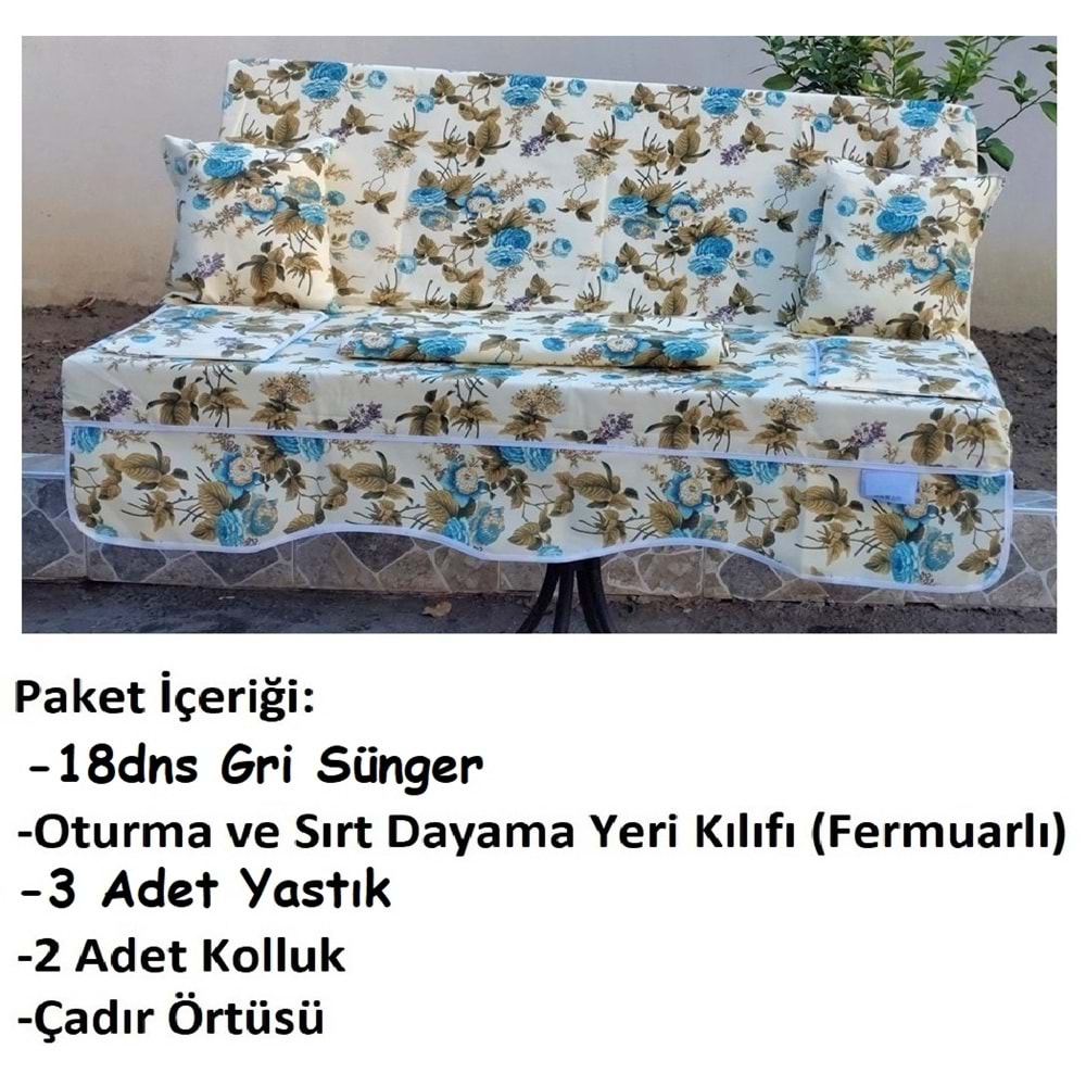 Süngerli 3 Kişilik Salıncak Minder Seti (Pamuklu Kumaş)-İngiliz Gülü Mavi
