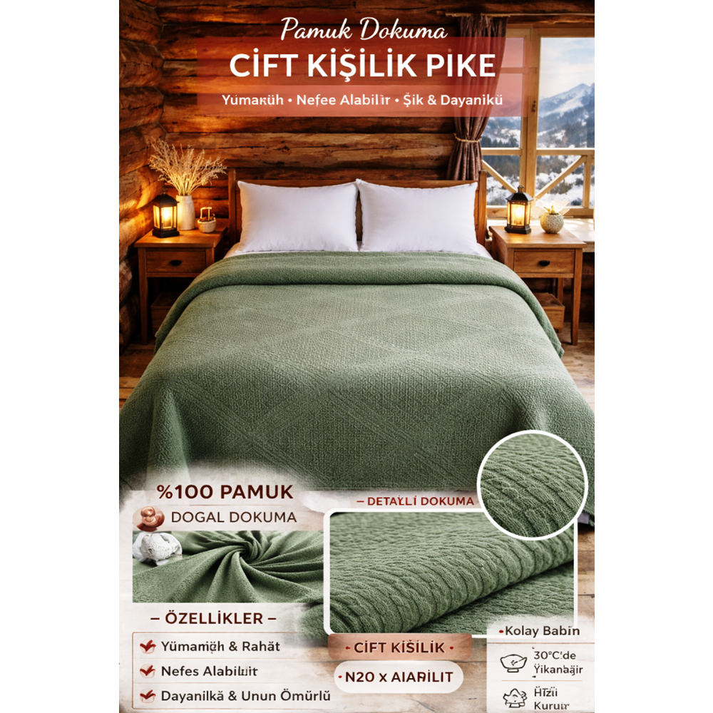 Şaheser %100 Pamuk Çift Kişilik Pike 240x220 (Tek Pike)-Bej