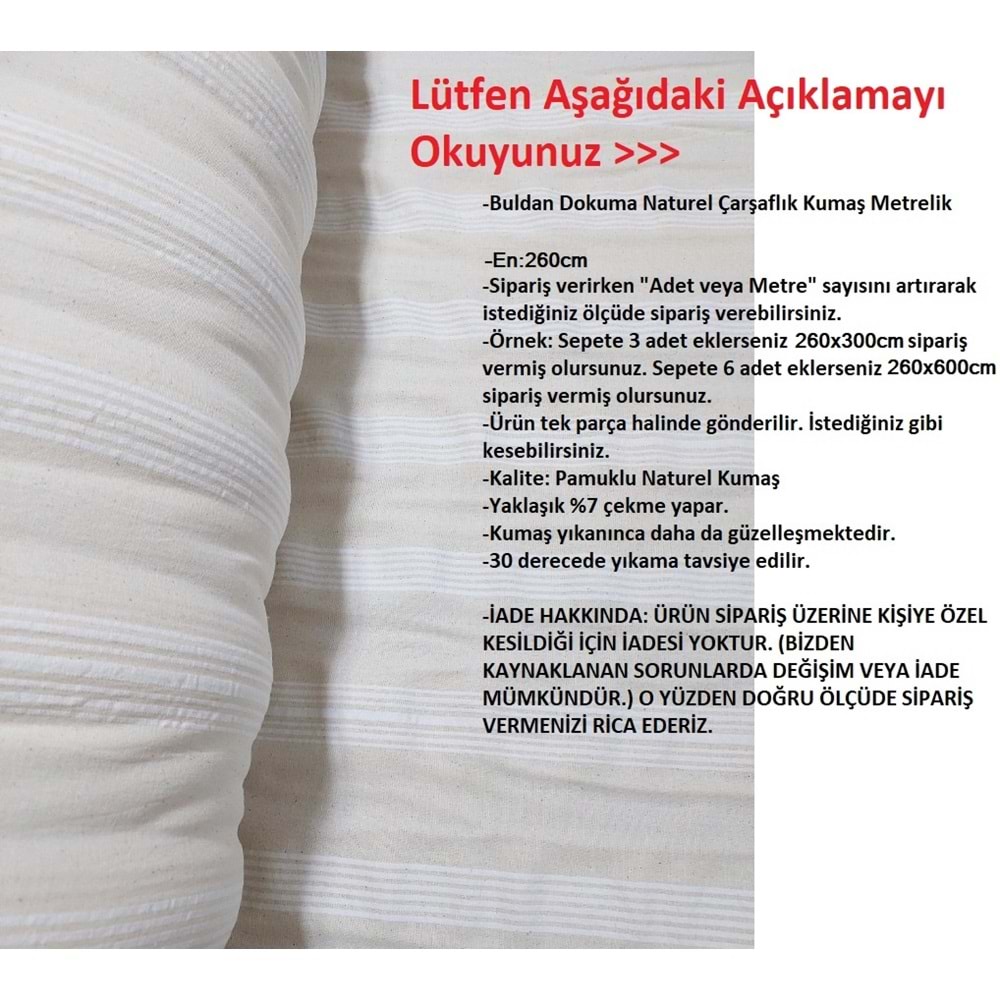 Buldan Çarşaflık Kumaş (En 250cm) Naturel %100 Pamuk Metrelik