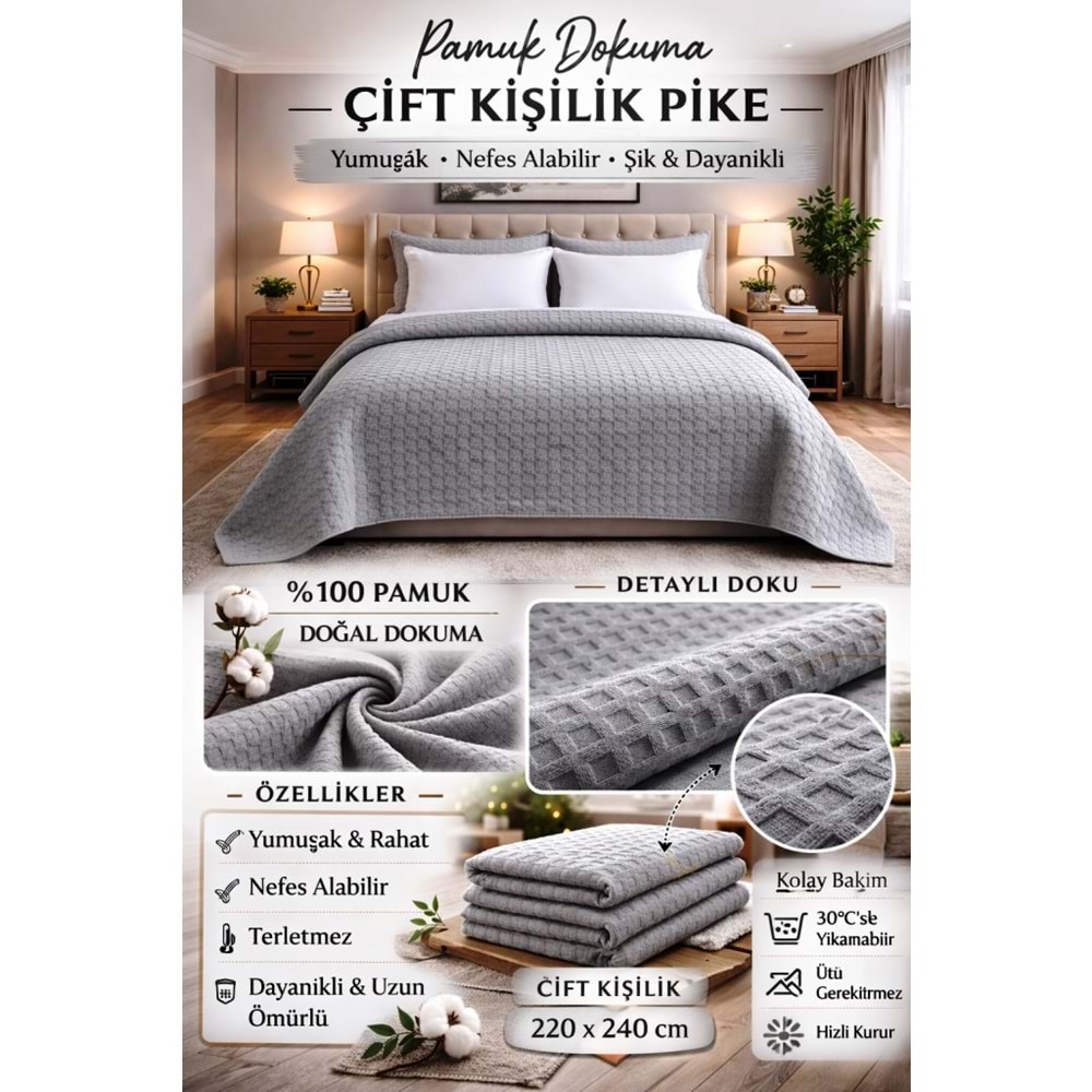 Şaheser %100 Pamuk Çift Kişilik Pike 240x220 (Tek Pike)-Gri v1