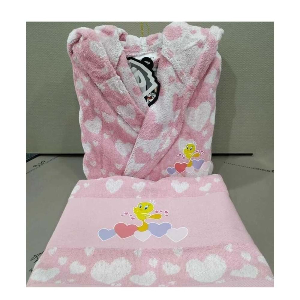 Özdilek Lisanslı Çocuk Havlu Bornoz Seti 1/2 Yaş-Tweety Heart Pembe