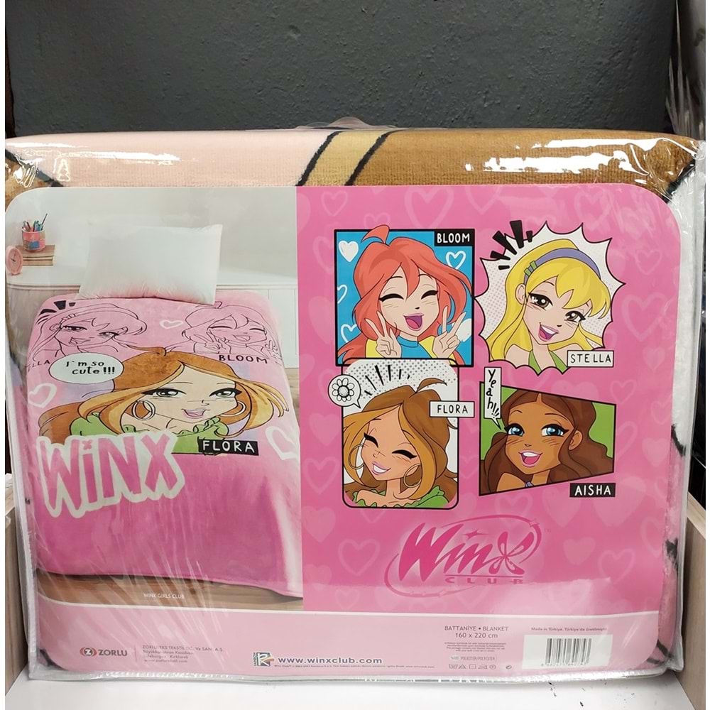 Taç Lisanslı Tek Kişilik Çocuk Battaniye (160x220)-Winx Girl Club Pembe