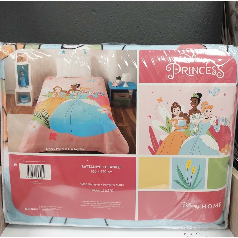 Taç Lisanslı Tek Kişilik Çocuk Battaniye (160x220)-Princess Fun Together