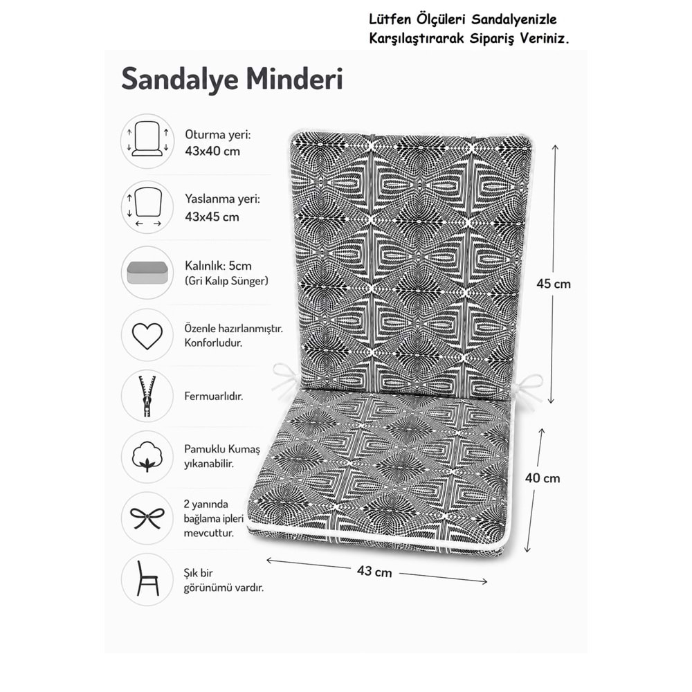 2 Adet Komutan Arkalıklı Sandalye Minderi, Extra Kalın (Kalınlık 5cm)-Nokta Siyah Beyaz