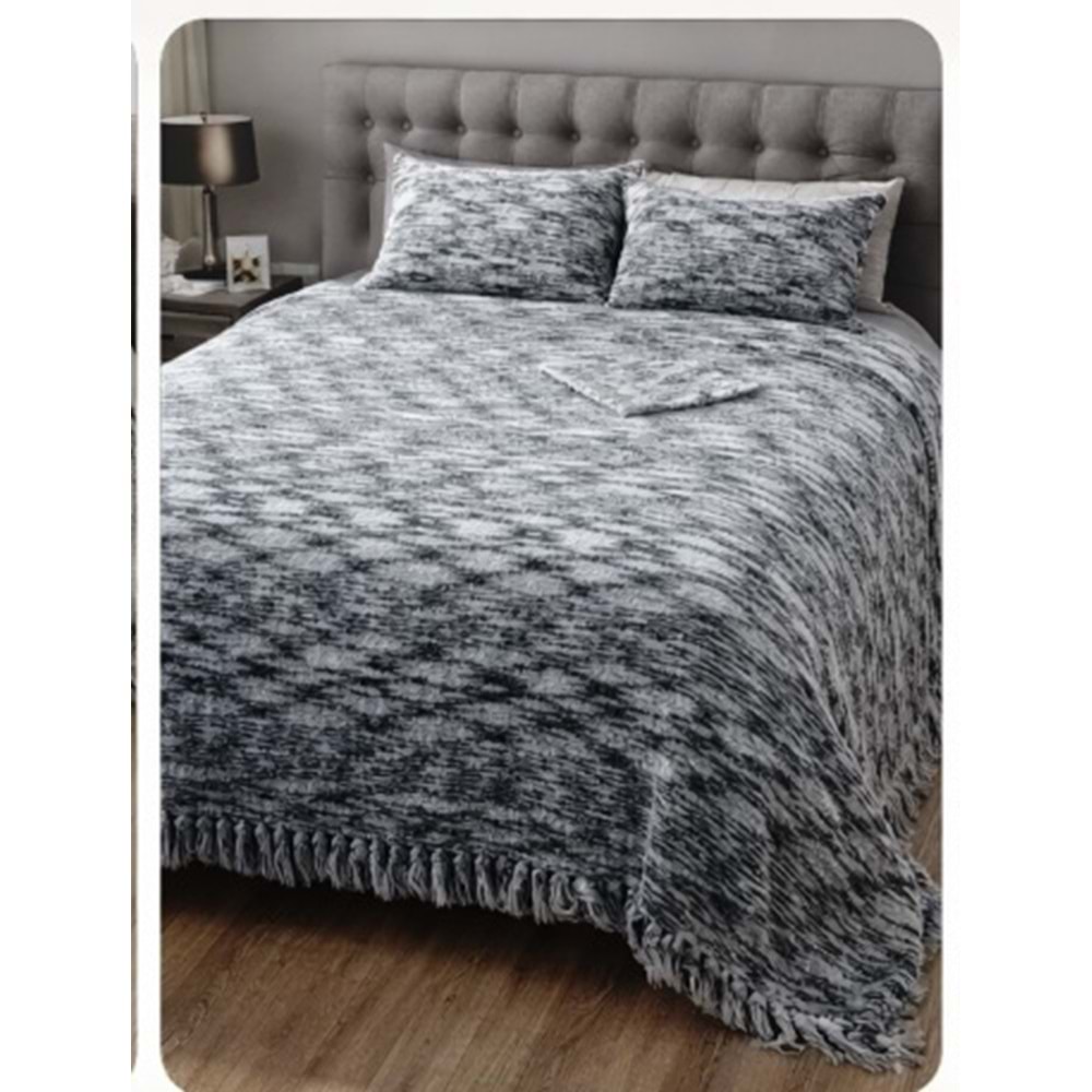 Tavşan Tüyü El Dokuma Yumuşak Dokulu Tek Kişilik Yatak Örtüsü (160x240)-Siyah/ beyaz