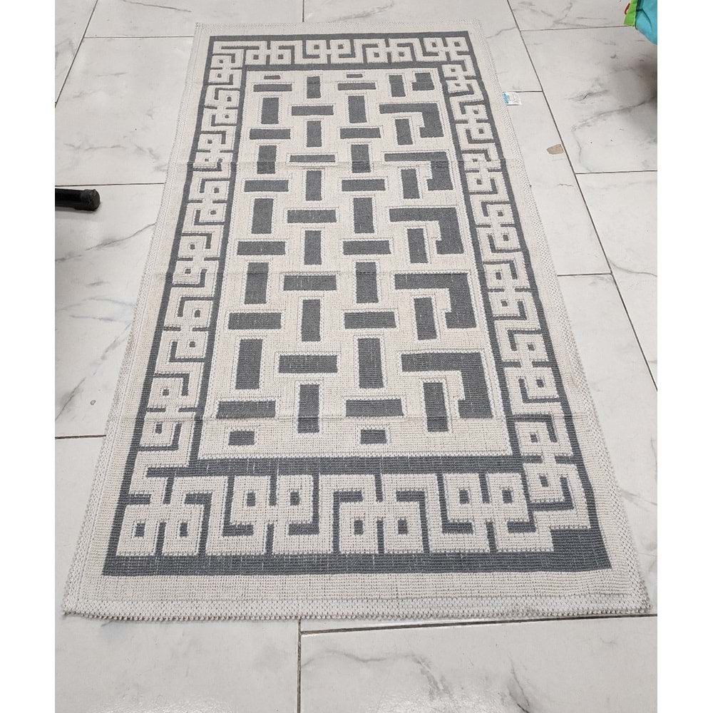 Pamuklu Bukle Lüks Kilim (80x150)-Labirent Kreme Gri