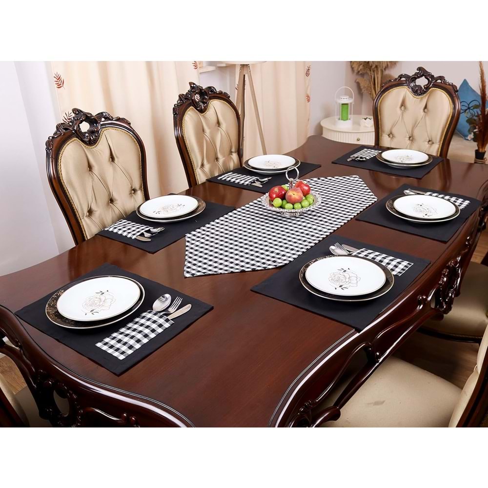 Tropik home Amerikan Servis Moena Dinner Runner Seti 6 Kişilik Set Siyah Ekose Desen Salon ve Masa Sunum Takımı