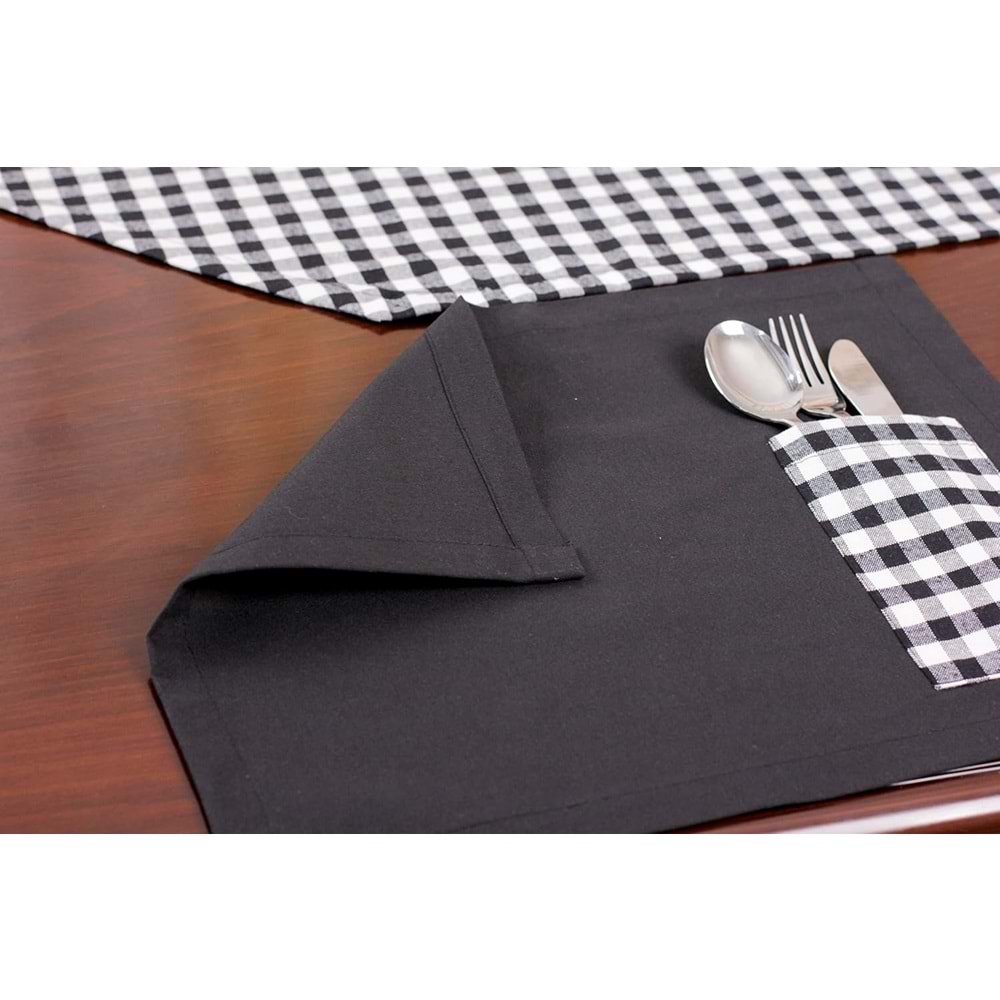 Tropik home Amerikan Servis Moena Dinner Runner Seti 6 Kişilik Set Siyah Ekose Desen Salon ve Masa Sunum Takımı