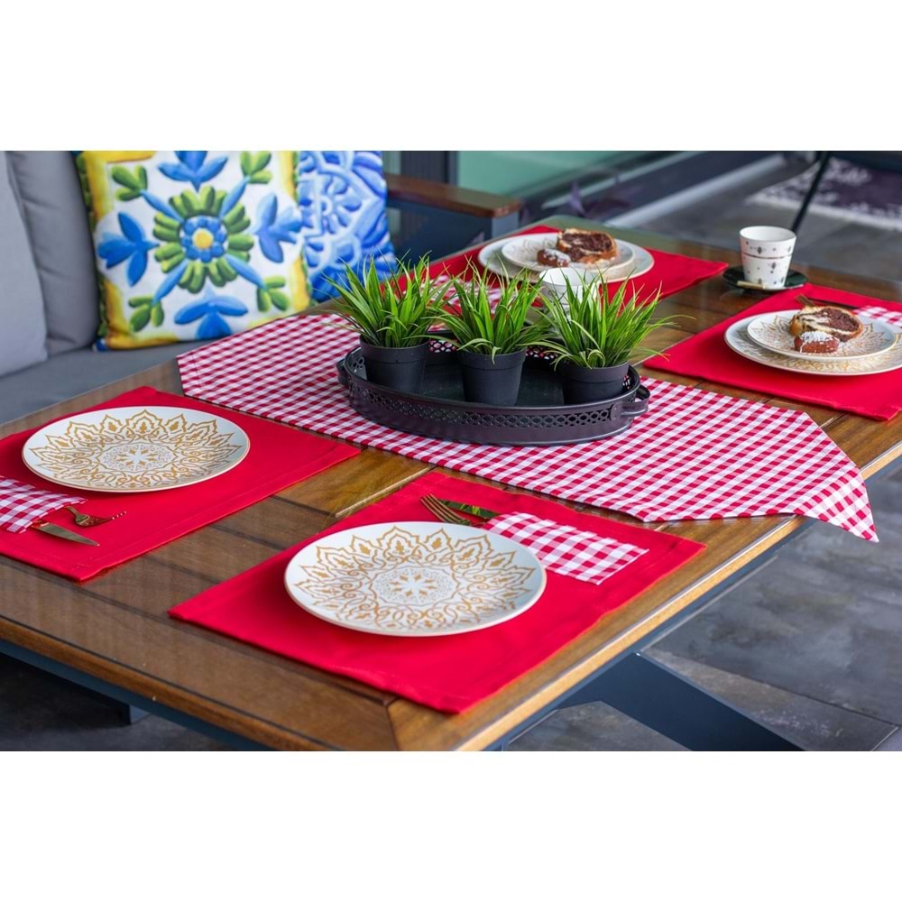 Tropik home Amerikan Servis Moena Dinner Runner Seti 6 Kişilik Set Kırmızı Ekose Desen Salon ve Masa Sunum Takımı