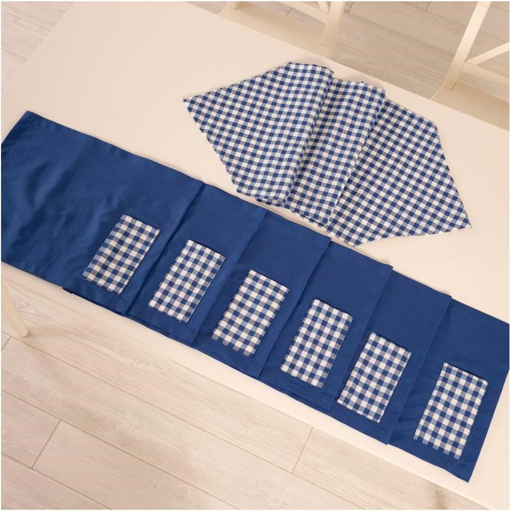 Tropik home Amerikan Servis Moena Dinner Runner Seti 6 Kişilik Set Mavi Ekose Desen Salon ve Masa Sunum Takımı