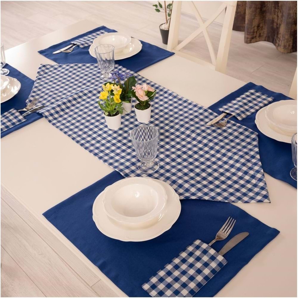 Tropik home Amerikan Servis Moena Dinner Runner Seti 6 Kişilik Set Mavi Ekose Desen Salon ve Masa Sunum Takımı