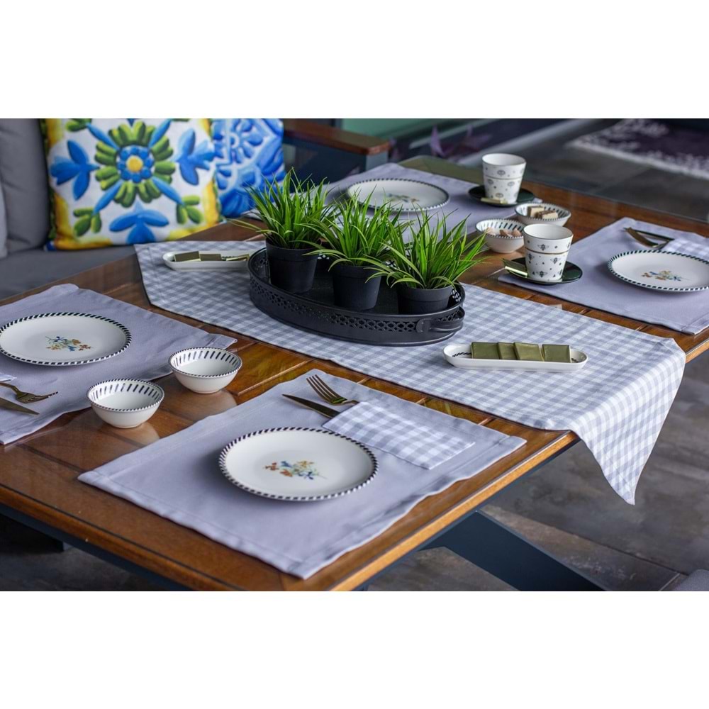 Tropik home Amerikan Servis Moena Dinner Runner Seti 6 Kişilik Set Pudra Ekose Desen Salon ve Masa Sunum Takımı
