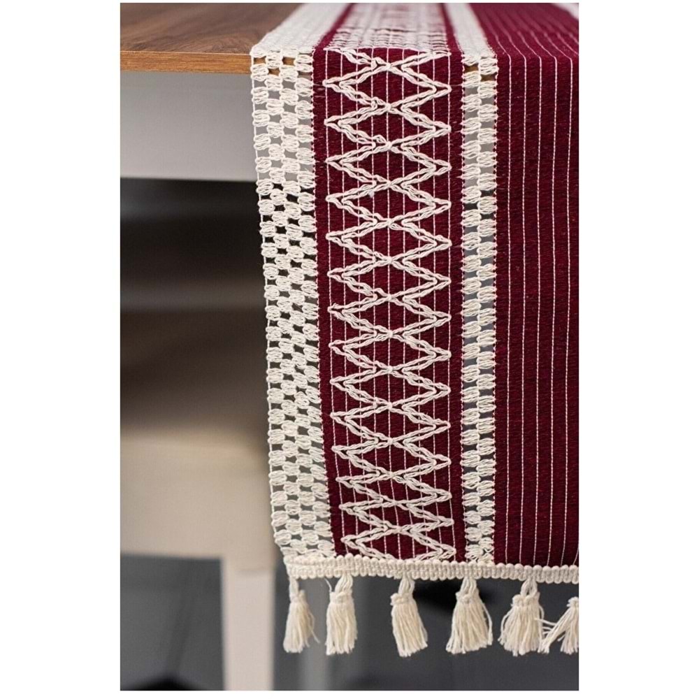 Beytuğ Tropik Pamuk Dantel Püsküllü Bordo Runner 1295-8