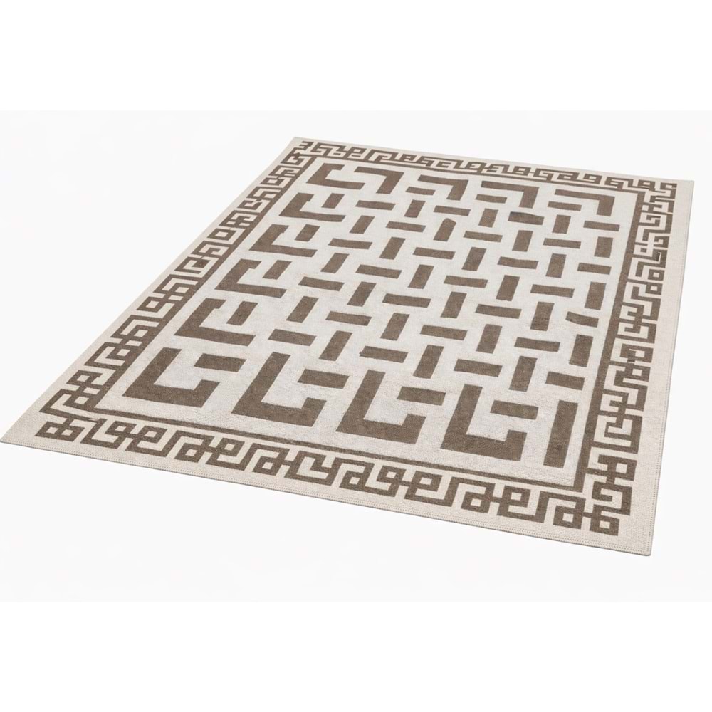 Pamuklu Bukle Lüks Kilim (140x200)-Labirent Kreme Kahve