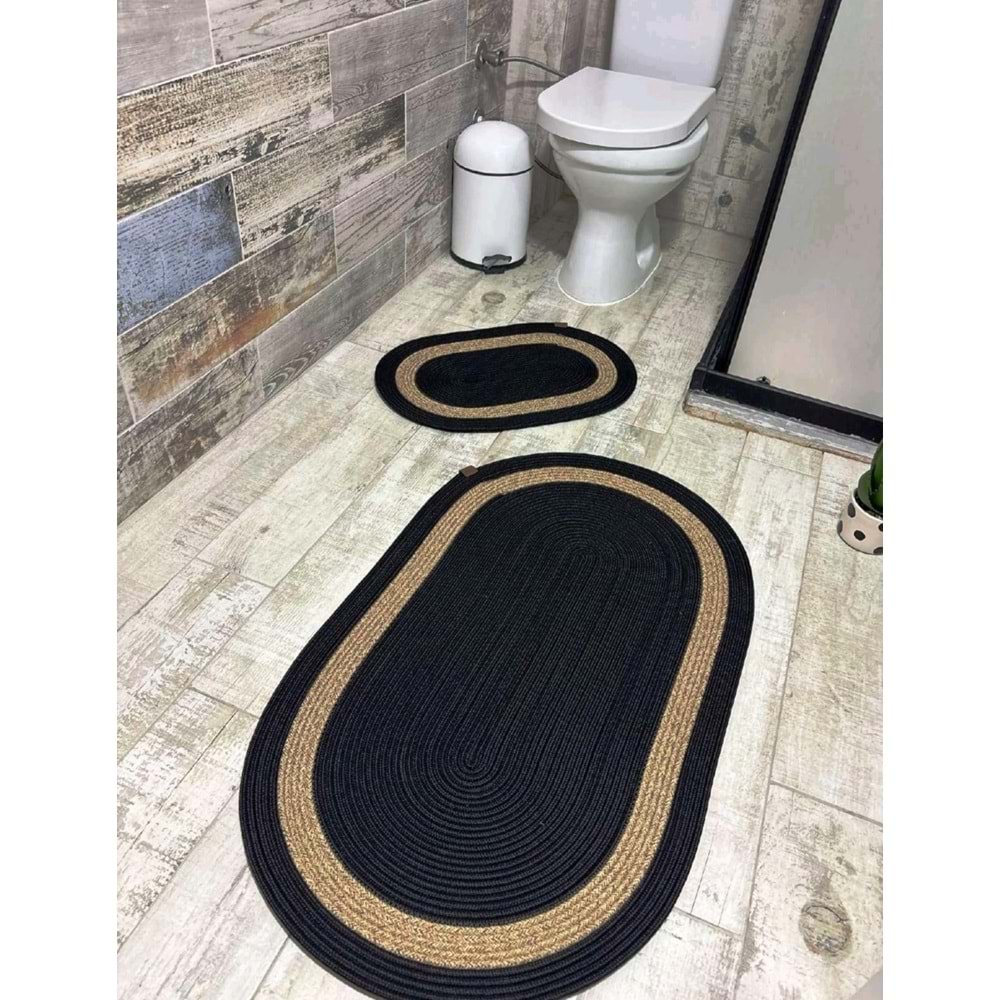 Jüt Hasır 2li Banyo Seti Paspas Takımı-Siyah Ortası Bej