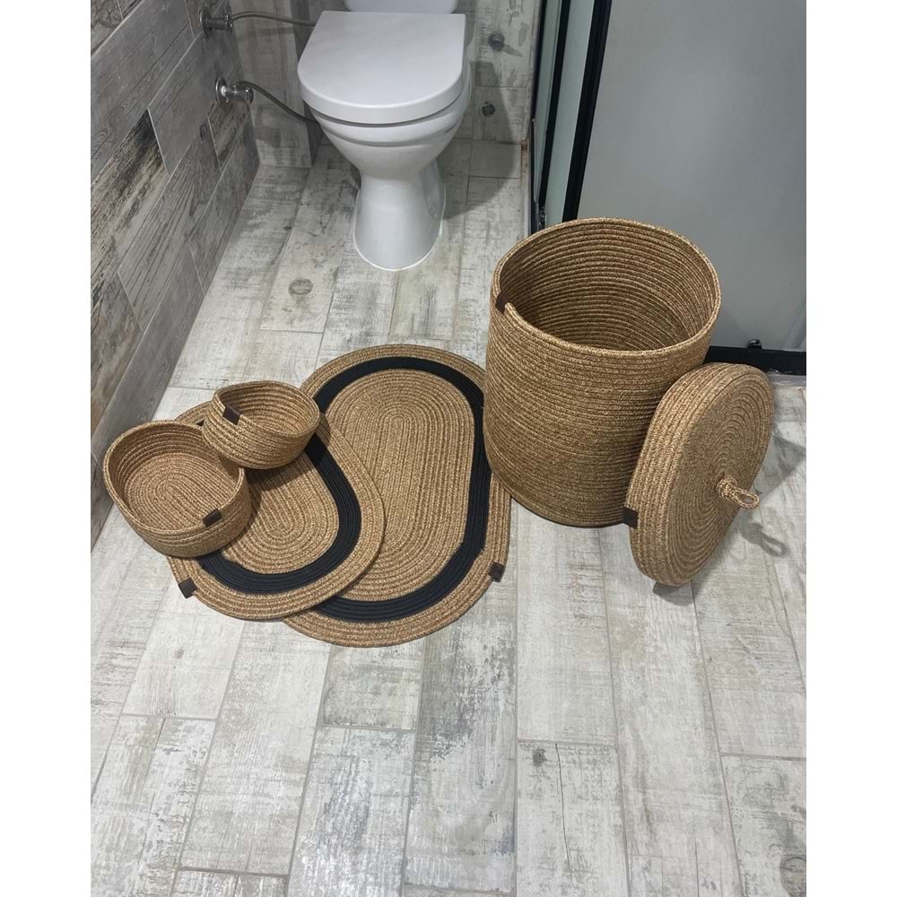 Jüt Hasır 5li Banyo Seti, Çamaşır Sepeti, Paspas Takımı, Oval Sepet-Siyah Çizgili
