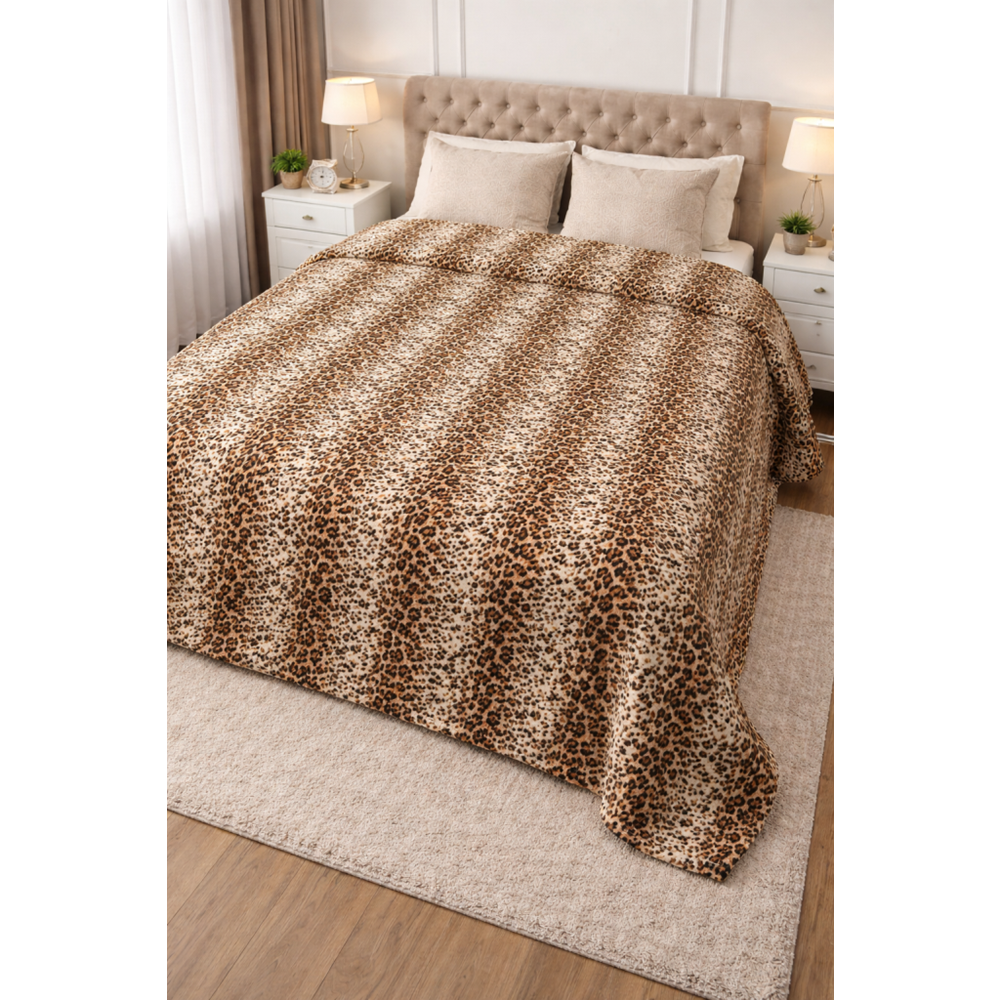 Aksu Safari Çift Kişilik Ultra Yumuşak Embos Vizon Battaniye (200x240)-Leopar Bej