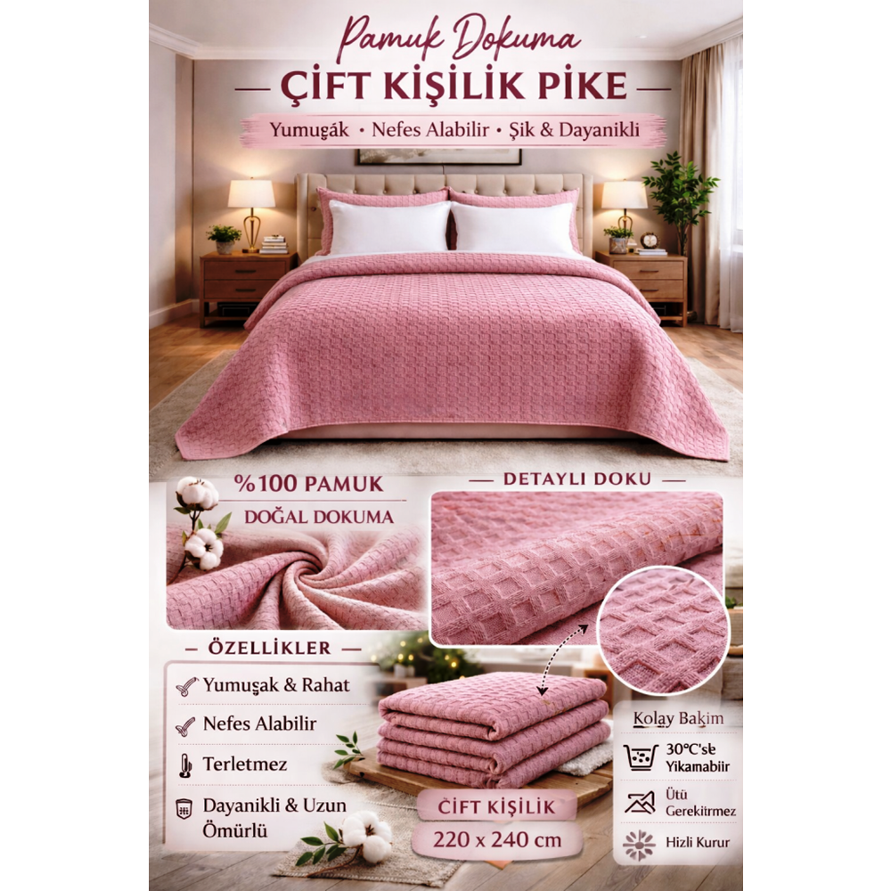 2 Adet Şaheser %100 Pamuk Çift Kişilik Pike 240x220 (Tek Pike)-Pudra