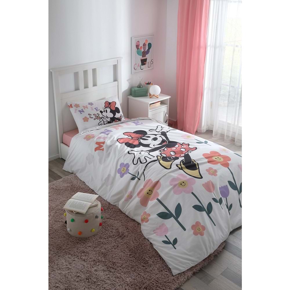 Özdilek Lisanslı Fitted Çarşaflı Tek Kişilik Çocuk Nevresim Takımı-Minnie Flowers Beyaz