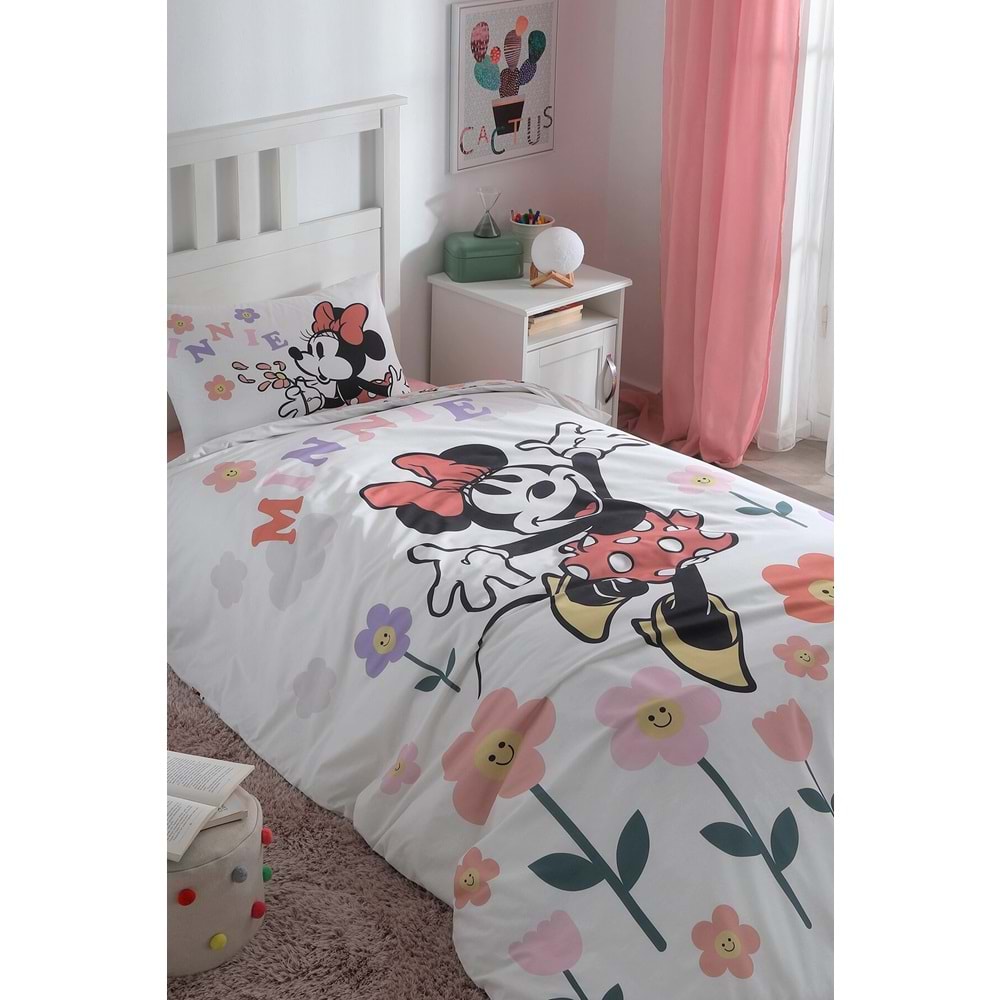 Özdilek Lisanslı Fitted Çarşaflı Tek Kişilik Çocuk Nevresim Takımı-Minnie Flowers Beyaz