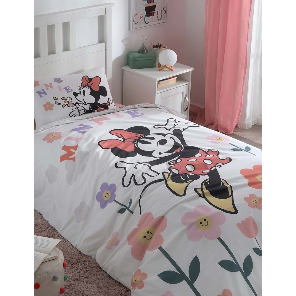 Özdilek Lisanslı Fitted Çarşaflı Tek Kişilik Çocuk Nevresim Takımı-Minnie Flowers Beyaz