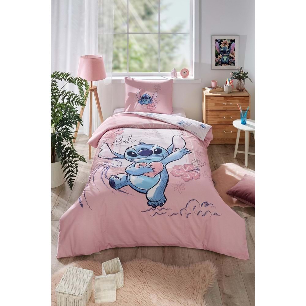 Özdilek Lisanslı Fitted Çarşaflı Tek Kişilik Çocuk Nevresim Takımı-Stitch Aloha Pembe