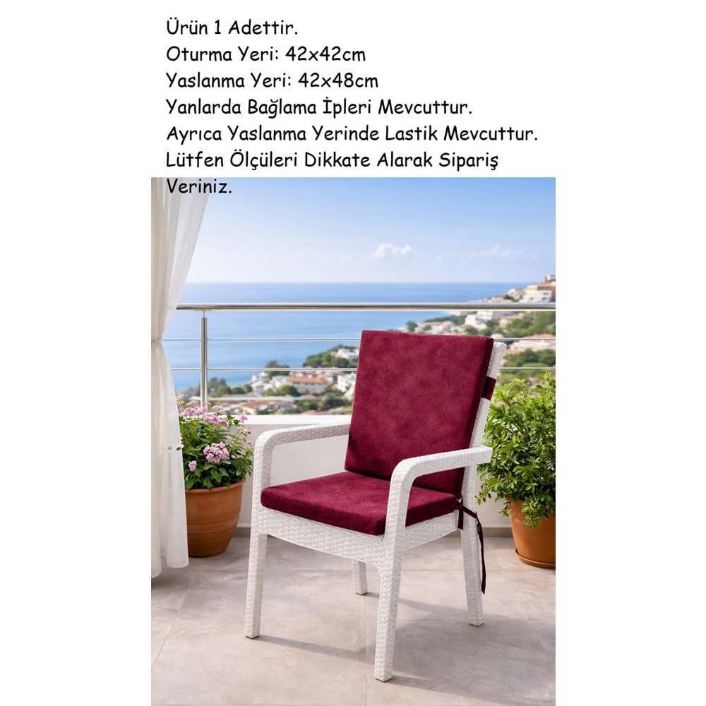 1 Adet Premium Şönil Arkalıklı Sandalye Minderi, Extra Kalın (Kalınlık 4,5cm)-Bordo Düz