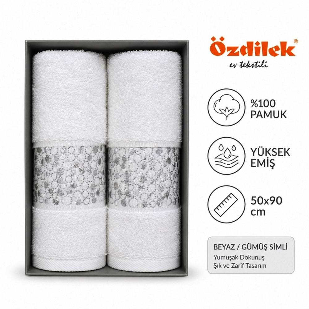 Özdilek Daniela Beyaz 2li Havlu Kutulu Nakışlı-Gümüş Simli