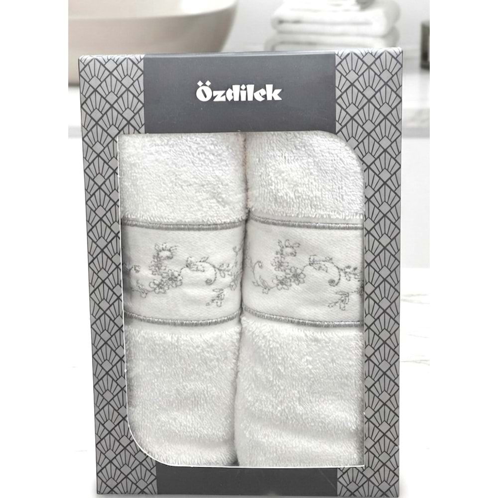Özdilek -Daniela Beyaz- 2li Havlu Hediyelik Kutulu Nakışlı 2.Model (50x90)-Gümüş Simli
