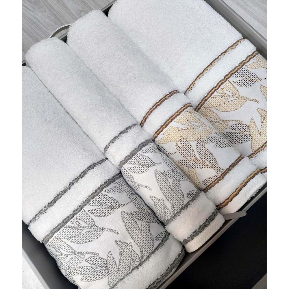 Özdilek 4 Parça Hamam Seti -Frond Gri Kahve- (Banyo Havlusu Büyük Boy), Havlu Seti