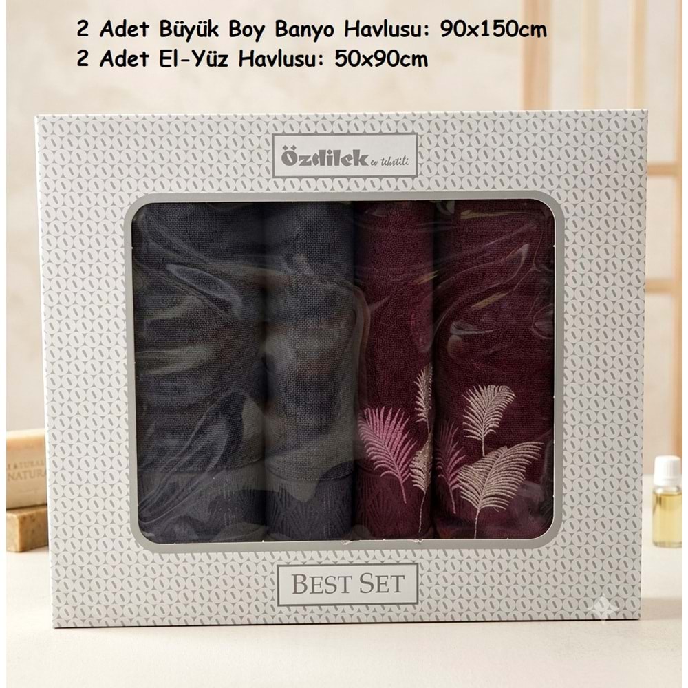 Özdilek Best Hamam Seti, Banyo Havlu Takımı (Büyük Boy)-Golden Palm Antrasit Mürdüm