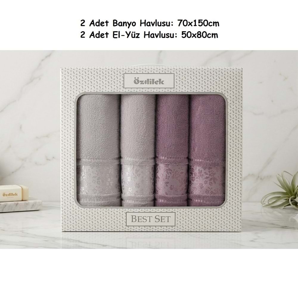 Özdilek Best Hamam Seti, Banyo Havlu Takımı-Camellia Gri Mürdüm