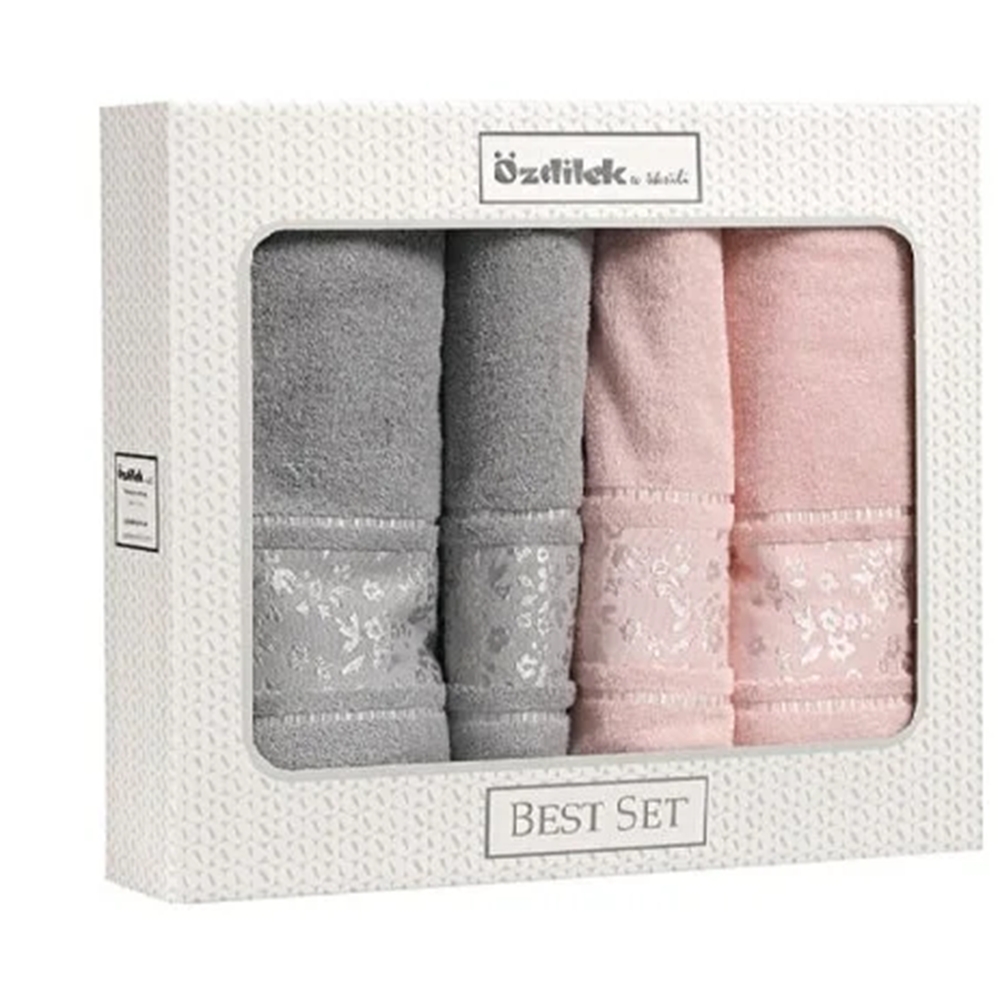 Özdilek 4 Parça Best Hamam Seti, Banyo Havlu Takımı Camellıa Gri -pembe