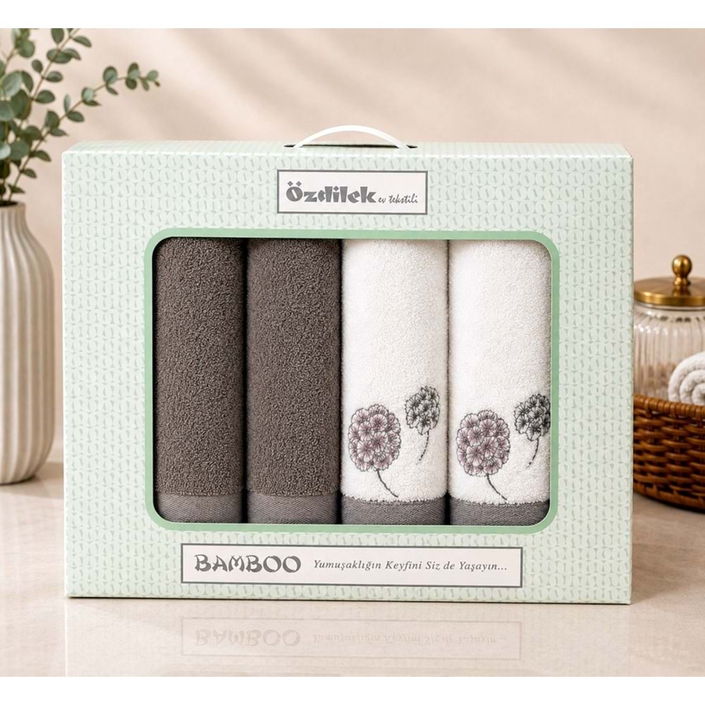 Özdilek Bamboo Hamam Seti, Banyo Havlu Takımı-Phlox Antrasit Beyaz